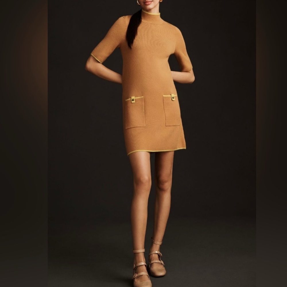 Anthropology Elegant Tan Dress with Pocket Detail, size L.